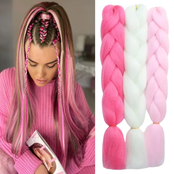 Colorful Jumbo Braiding Hair Extensions 24inch 3pcs（White/Pink/Hot Pink）