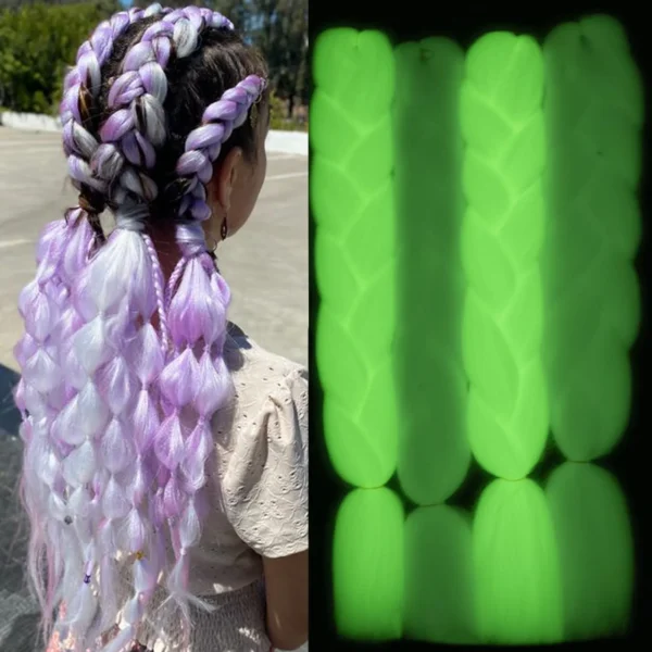 White Purple Mix Color Glow in the Dark Braiding Hair Extensions 24inch 4Pcs